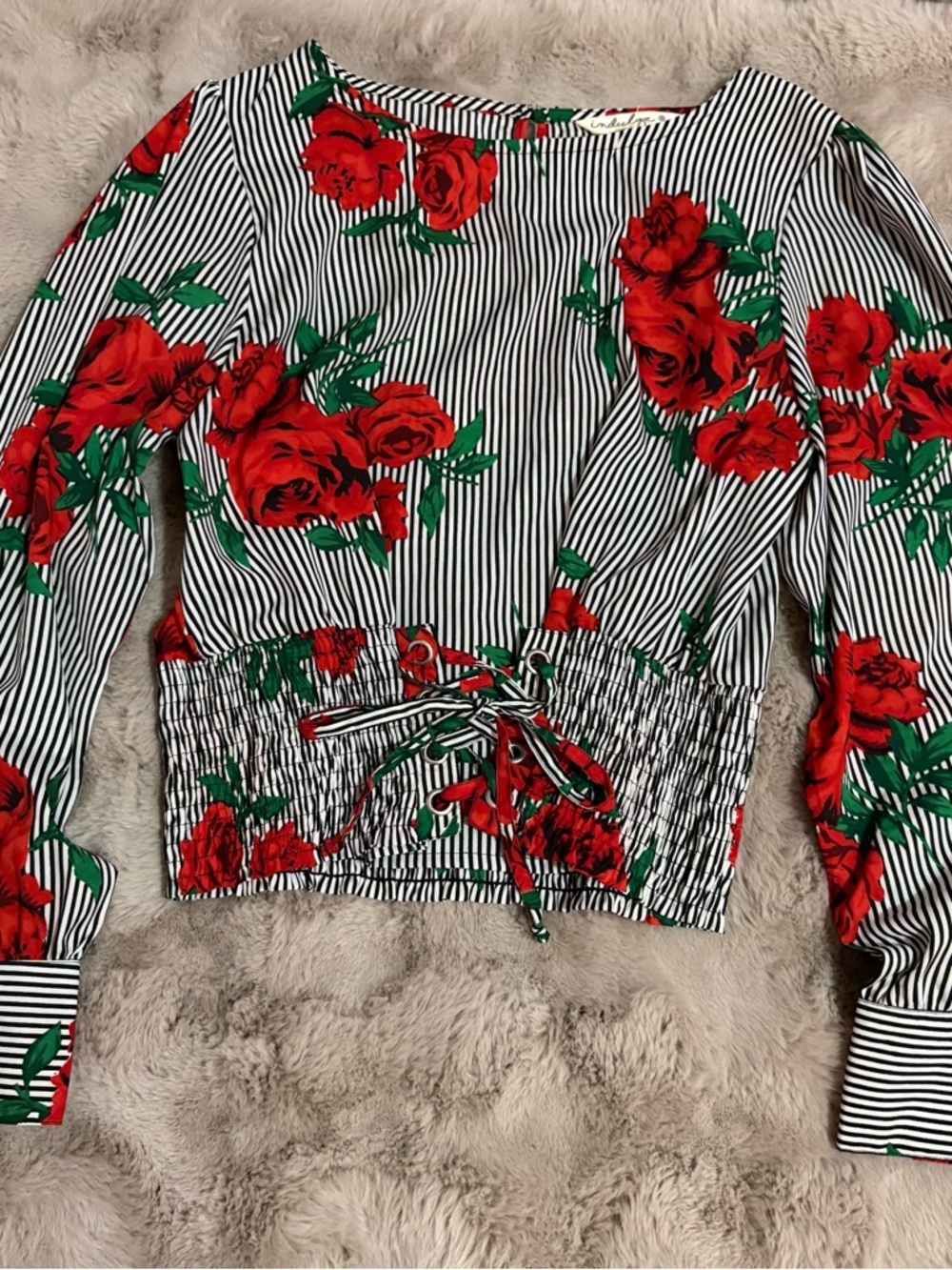 indulge large Black & White Striped Top with Red Rose Print